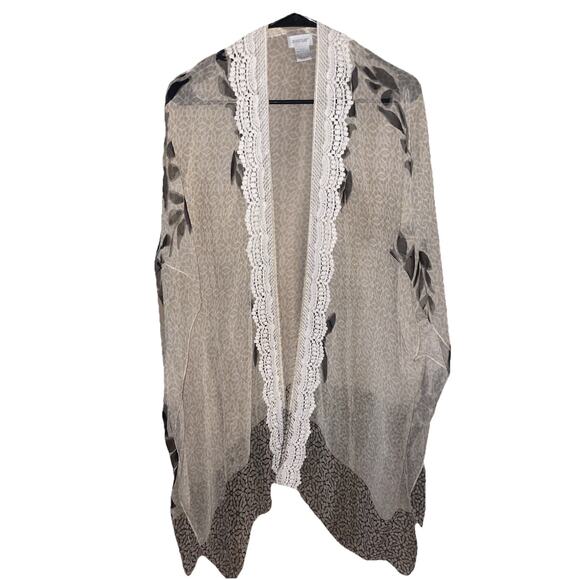 Avenue Tops - Women’s Avenue Sheer Kimono Cardigan With Soft Cotton Lace Trim Sz L